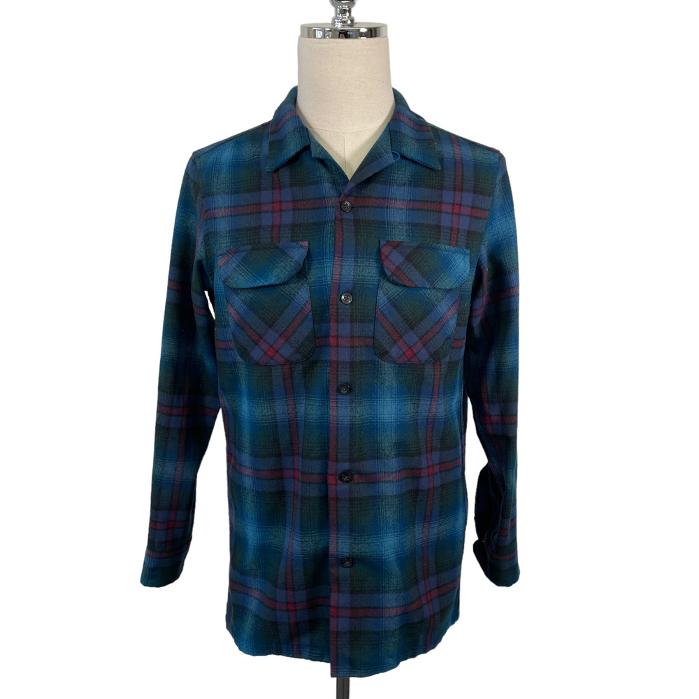 Pendleton Women's Medium Blue Green Plaid Board Shirt 100% Virgin Wool